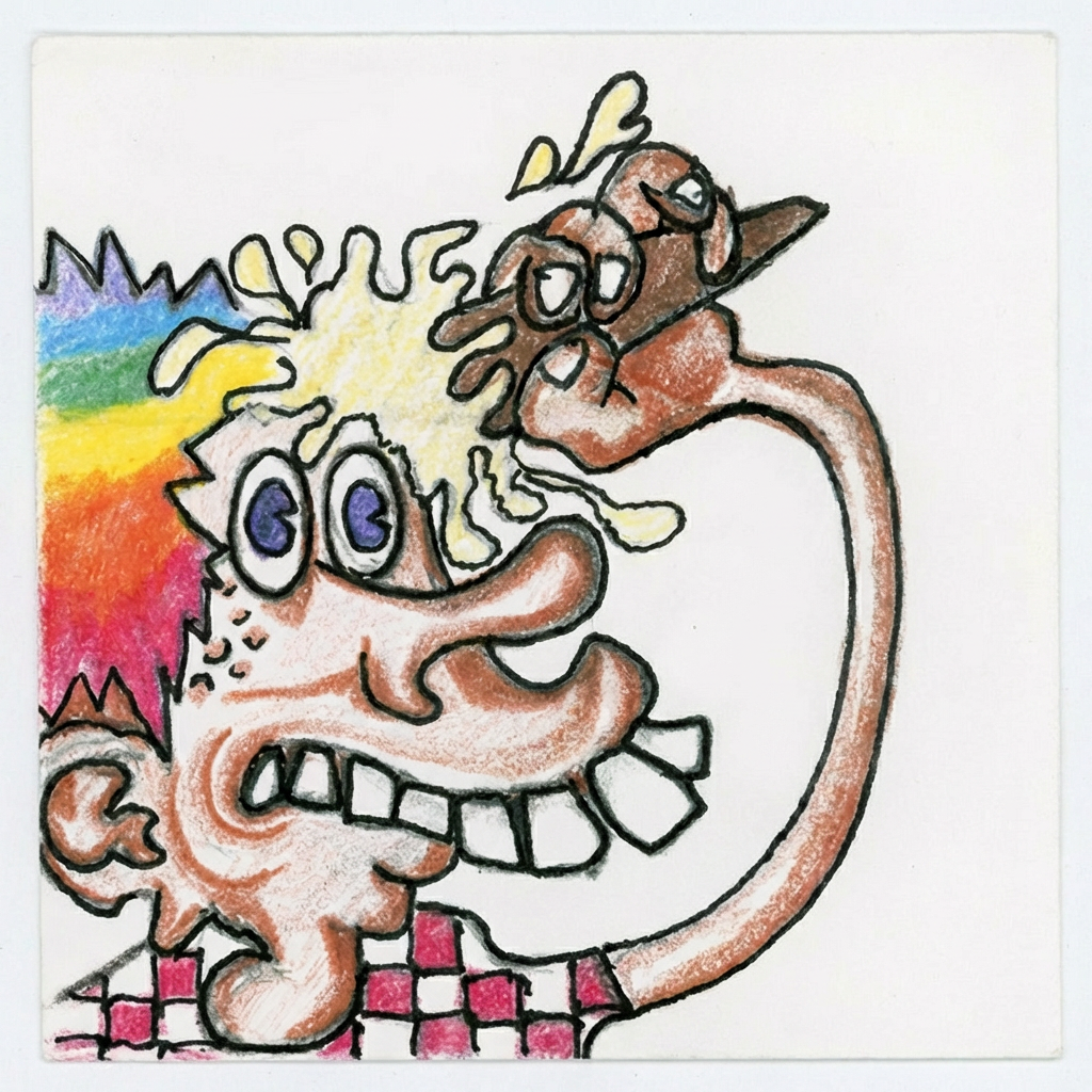 A character, unconstrained, placing an ice cream cone on his head